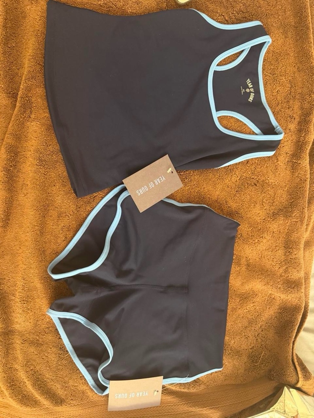 Year of Ours Black Tank and High-Waist Shorts with Light Blue Trim